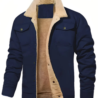 Men's blue sherpa-lined insulated winter jacket in size 3XL, featuring multiple pockets, a collar, long sleeves, and button details.