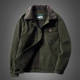Men's military green sherpa-lined canvas winter jacket with a rugged design, featuring long sleeves, a button-up front, and a stylish collar. The jacket is insulated for warmth and includes practical pockets.