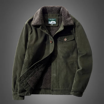 Men's military green sherpa-lined canvas winter jacket with a rugged design, featuring long sleeves, a button-up front, and a stylish collar. The jacket is insulated for warmth and includes practical pockets.