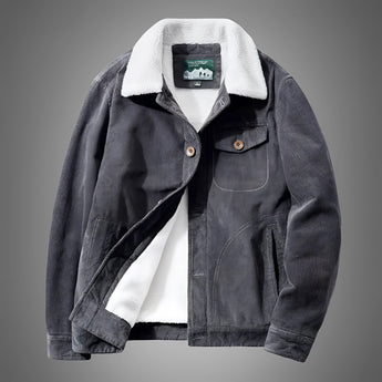 Men's gray sherpa-lined winter jacket with a rugged canvas exterior, featuring a collar and full sleeves, designed for insulation and warmth.