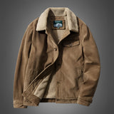 Men's sherpa-lined brown canvas winter jacket in coffee color, size 4XL, featuring long sleeves, a button-up front, and a rugged design with pockets, suitable for cold weather.