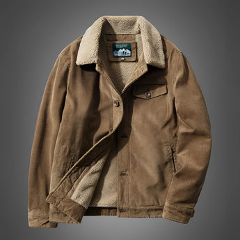Men's sherpa-lined brown canvas winter jacket in coffee color, size 4XL, featuring long sleeves, a button-up front, and a rugged design with pockets, suitable for cold weather.