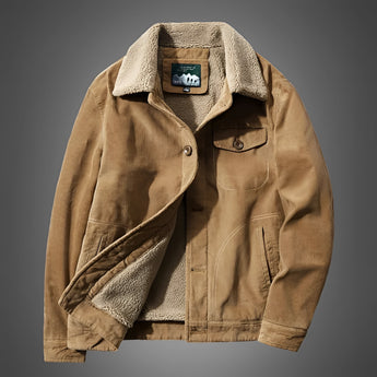 Men's khaki Sherpa-lined winter jacket in size 4XL, featuring a rugged canvas exterior with a button-up front, collar, long sleeves, and multiple pockets for practicality and style.