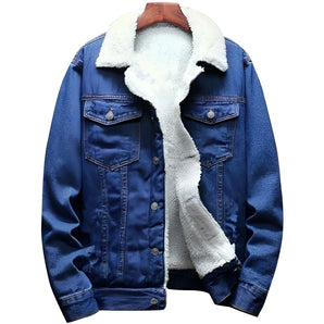 Men's blue sherpa-lined denim jacket in size 2XL featuring a warm fleece interior, long sleeves, and a classic collar design.