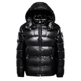Men's shiny black hooded puffer jacket in XL size, featuring a glossy finish with a high collar, a front zipper closure, and insulated design for warmth and comfort.