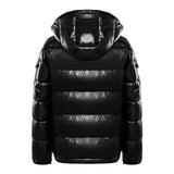 
Men's shiny black hooded puffer jacket featuring a glossy insulated coat design with a prominent collar and sleek sleeves.