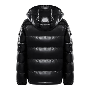 
Men's shiny black hooded puffer jacket featuring a glossy insulated coat design with a prominent collar and sleek sleeves.