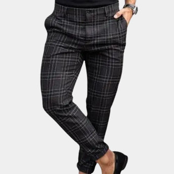 Men's slim fit beige plaid trousers featuring a casual and tapered design, available in a black checked pattern with a 3XL size.