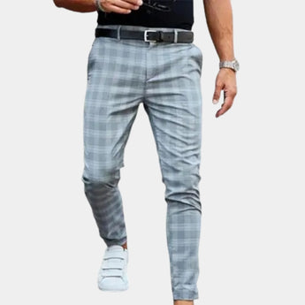 Men's slim fit trousers in a beige plaid pattern, featuring a casual and tapered design.