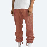 Men's cotton blend slim fit black cargo pants with multiple pockets, shown in red color, size 5XL.
