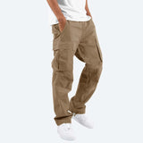 Men's khaki slim fit cargo pants in cotton blend, featuring multiple pockets and designed for casual or active wear.