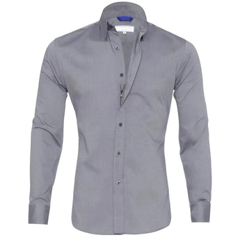 Men's slim fit black dress shirt with long sleeves and button-up front, featuring a formal style with a crisp collar and button detailing.