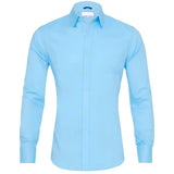 Men's slim fit black dress shirt with long sleeves, button-up design, and formal collar.