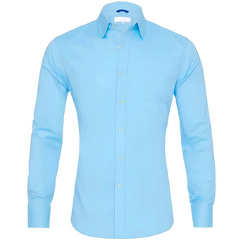 Men's slim fit black dress shirt with long sleeves, button-up design, and formal collar.