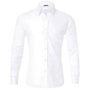 Men's slim fit black dress shirt with long sleeves, featuring a button-up front and a formal collar, suitable for formal occasions.