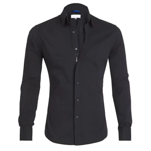 Men's slim fit black dress shirt with long sleeves, button-up front, and formal collar.
