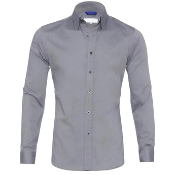 Men's slim fit black dress shirt with long sleeves and button-up front, featuring a formal collar and tailored design suitable for formal occasions.