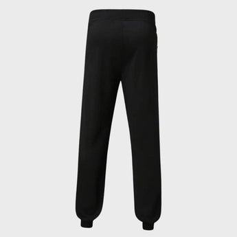 Men's slim fit black joggers featuring zipper pockets, designed for gym and casual wear, highlighting the human leg with a focus on active sportswear style.