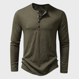 Men's slim fit black long sleeve Henley shirt made from a cotton blend, featuring a buttoned placket and ribbed cuffs.