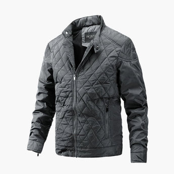 Men's slim fit quilted bomber jacket in gray, featuring a stylish collar and long sleeves, designed for lightweight winter fashion.