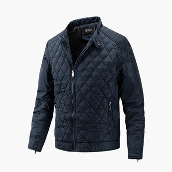 Men's slim fit quilted bomber jacket in a vibrant electric blue color, featuring a lightweight design suitable for winter fashion, with a collar and button detailing.