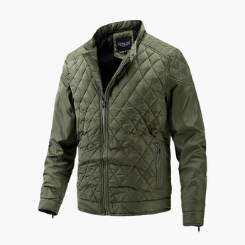 Men's green slim fit quilted bomber jacket in size 3XL, featuring lightweight fabric, long sleeves, and a classic collar for winter fashion.