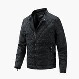 Men's slim fit black quilted bomber jacket in size 3XL, featuring long sleeves, a collar, and a front button closure, with pocket details. The jacket is designed for a lightweight winter fashion appeal.