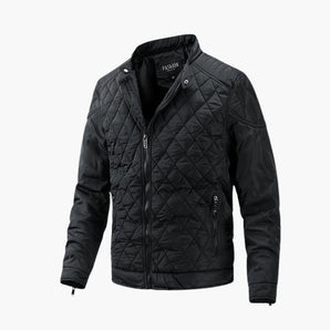 Men's slim fit black quilted bomber jacket in size 3XL, featuring long sleeves, a collar, and a front button closure, with pocket details. The jacket is designed for a lightweight winter fashion appeal.