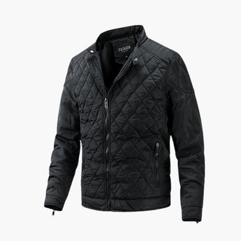 Men's slim fit black quilted bomber jacket in size 3XL, featuring long sleeves, a collar, and a front button closure, with pocket details. The jacket is designed for a lightweight winter fashion appeal.