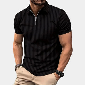 Men's black slim fit polo shirt with subtle stripes, featuring a zipper at the collar and worn by a person with a visible wristwatch. The shirt is styled for summer fashion, highlighting its fitted silhouette and short sleeves in a 3XL size.