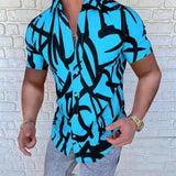 Men's slim fit shirt featuring a black and white abstract graffiti pattern on a blue background, with long sleeves and a classic collar in size XL.