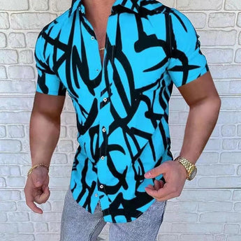 Men's slim fit shirt featuring a black and white abstract graffiti pattern on a blue background, with long sleeves and a classic collar in size XL.