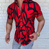 Men's slim fit dress shirt featuring a black and white abstract graffiti pattern, shown in a red color variant, size XL, highlighting the collar, sleeves, and fitted waist.