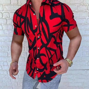 Men's slim fit dress shirt featuring a black and white abstract graffiti pattern, shown in a red color variant, size XL, highlighting the collar, sleeves, and fitted waist.