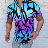 Men's slim fit shirt featuring a black and white abstract graffiti design, shown here in a blue and purple color variant, size XL. The shirt highlights details such as a tailored shoulder, sleek arm and sleeve, and a comfortable neck and waist fit.