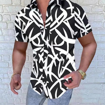 Men's slim fit shirt with abstract black and white graffiti design, featuring a dress shirt style with long sleeves, visible shoulder and neck details, and tailored for a modern fit.