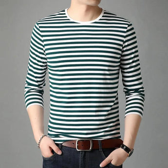 Men's slim fit black and white striped long sleeve crew neck tee with green accents, displayed in XL size.