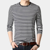 Men's slim fit long sleeve crew neck tee with black and white stripes, displayed on a mannequin or model, showcasing the casual and stylish design suitable for everyday fashion.