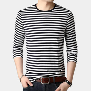 Men's slim fit long sleeve crew neck tee with black and white stripes, displayed on a mannequin or model, showcasing the casual and stylish design suitable for everyday fashion.