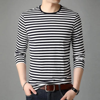 Men's black and white striped long sleeve crew neck tee in XL size, featuring a slim fit design.