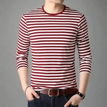 Men's slim fit black and white striped long sleeve crew neck tee shirt in a red color, size XL, paired with jeans.
