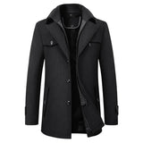 Men's slim-fit black wool coat featuring a zipper closure and a layered collar, designed for formal wear with long sleeves and a tailored silhouette in size 3XL.