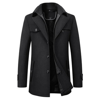 Men's slim-fit black wool coat featuring a zipper closure and a layered collar, designed for formal wear with long sleeves and a tailored silhouette in size 3XL.