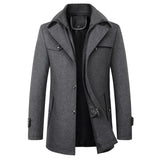 Men's slim-fit dark gray wool coat featuring a zipper closure and a unique layered collar design, shown in 3XL size with long sleeves and button details, offering a formal yet stylish appearance.