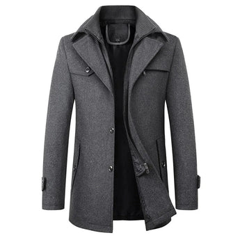 Men's slim-fit dark gray wool coat featuring a zipper closure and a unique layered collar design, shown in 3XL size with long sleeves and button details, offering a formal yet stylish appearance.
