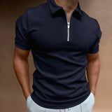Men's slim fit polo shirt in marine blue, featuring a stylish zipper neckline, short sleeves, and a casual design suitable for everyday wear.