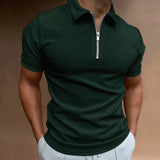 Men's green slim fit zipper polo shirt in size 3XL, featuring short sleeves and a stylish casual design.