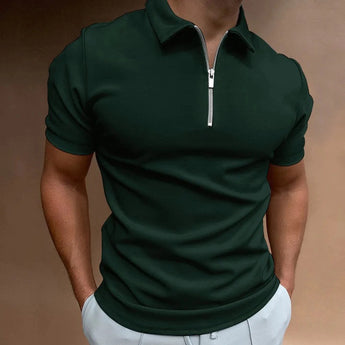 Men's green slim fit zipper polo shirt in size 3XL, featuring short sleeves and a stylish casual design.