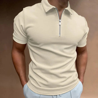 Men's beige slim fit polo shirt with a zipper, featuring short sleeves and a stylish collar, displayed on a model showcasing casual elegance.