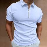 Men's slim fit polo shirt in light blue, featuring a stylish zipper closure, short sleeves, and a classic collar. Suitable for casual wear, the shirt is modeled here highlighting the shoulder and neck area.